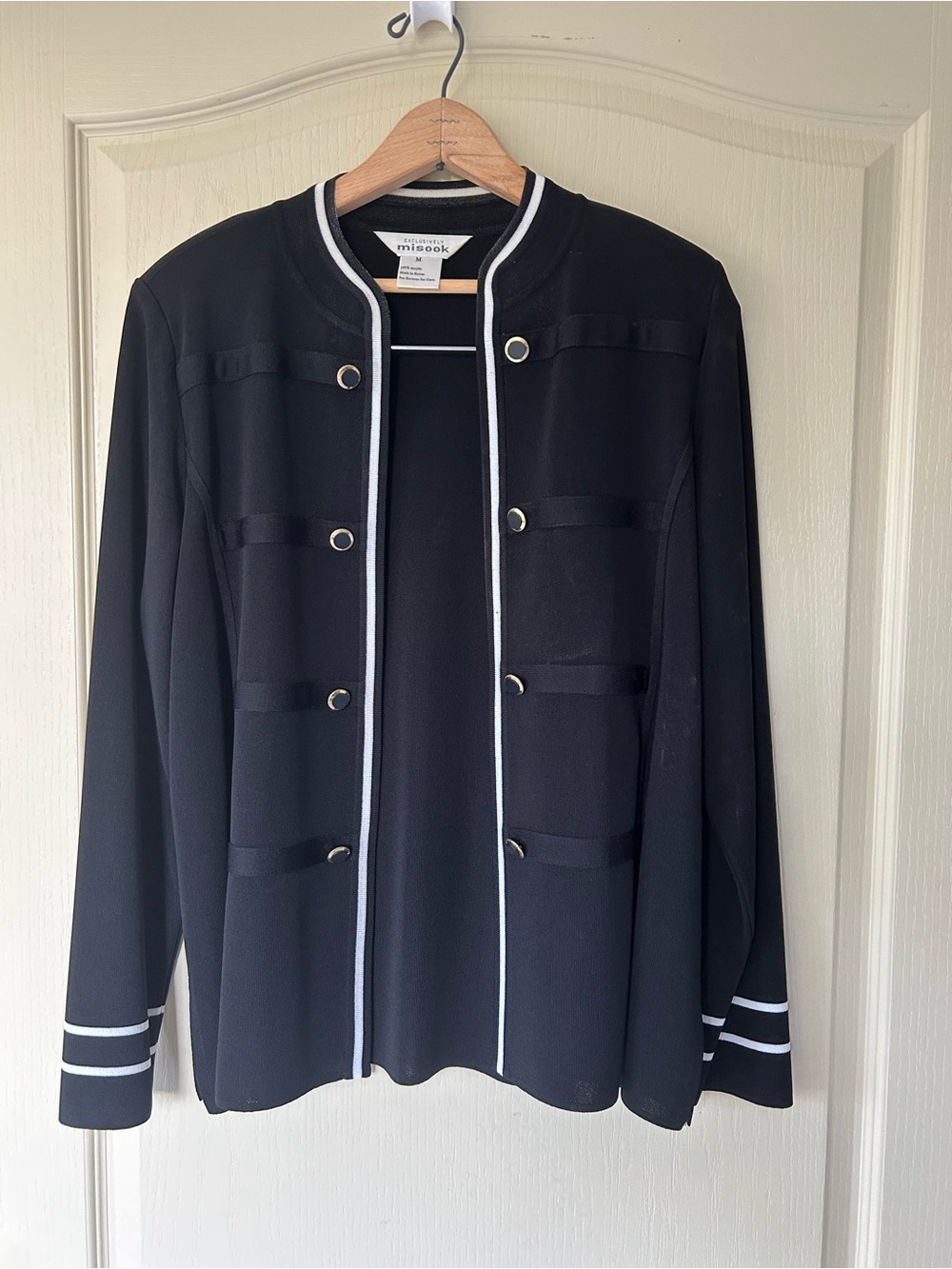 Exclusively Misook Knit Jacket in black with white contrast trim